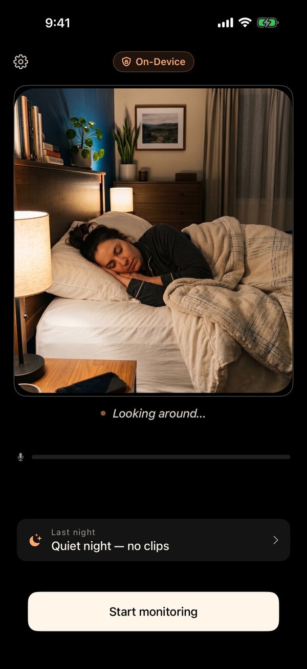 SnoreCam's Home screen at night showing the live camera view of a person asleep in bed, with the on-device AI captioning 'Looking around…' in plain English.