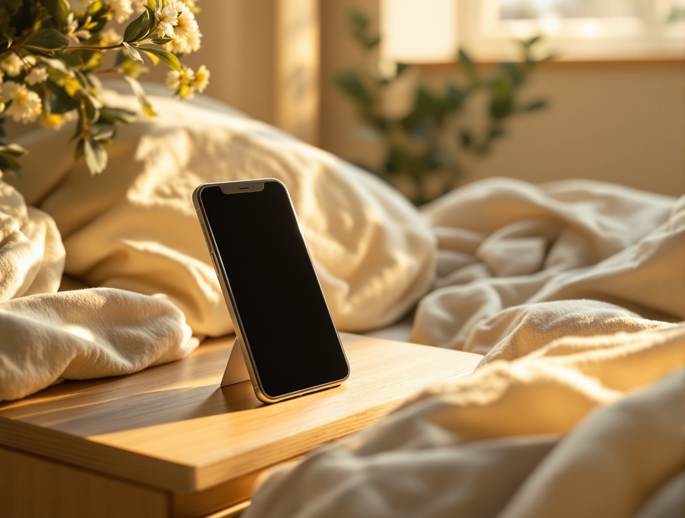 An iPhone resting on a wooden nightstand in soft morning light beside a rumpled bed.