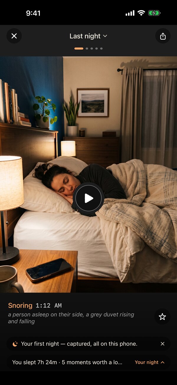 SnoreCam's morning review showing a captioned night clip — 'Snoring 1:12 AM, a person asleep on their side' — one of five moments from the night's highlight reel.
